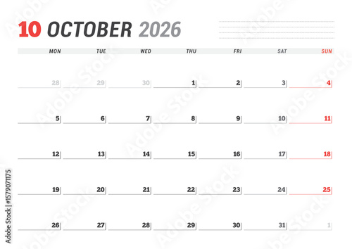 October 2026 Monthly Calendar Template simplifies scheduling with minimalist blank lines, ideal for business desks and planning efficiency, enhances productivity and clarity, vector illustration