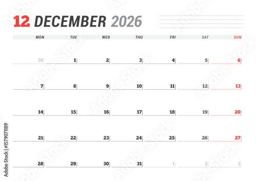 December 2026 Monthly Calendar Template improves executive planning with minimalist blank lines, ideal for business workflows and strategy meetings, supports efficiency, vector illustration