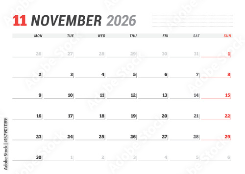 November 2026 Monthly Calendar Template strengthens team structure with minimalist blank lines, perfect for managing tasks and planning flows in office setups, vector illustration