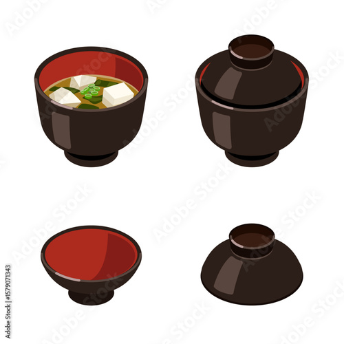 Flat Miso Soup Bowl Set - Japanese Soup with Lid and Tofu, Seaweed Vector Illustration