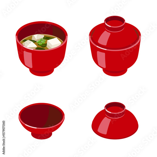 Flat Red Miso Soup Bowl Set - Japanese Soup with Lid and Tofu Vector Illustration