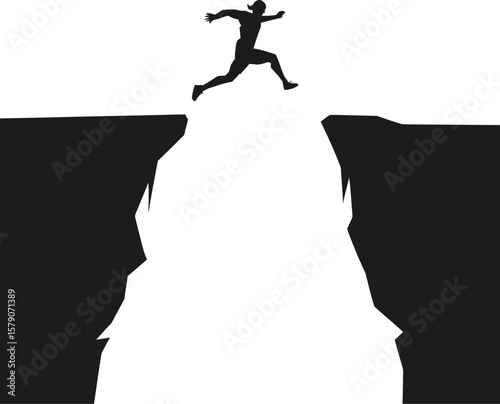 Silhouette of a person jumping across a wide gap between two cliffs isolated on transparent background silhouette