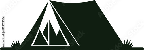 Dark green tent silhouette with mountains inside isolated on transparent background silhouette