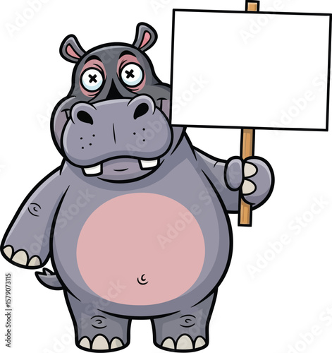 Cartoon hippo holding blank sign vector illustration for graphic design and creative projects use 100 char editable