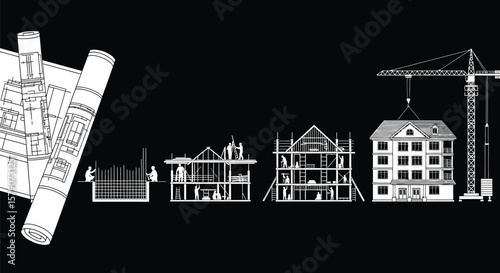 House construction process illustration from blueprint to completion building stages diagram vector editable