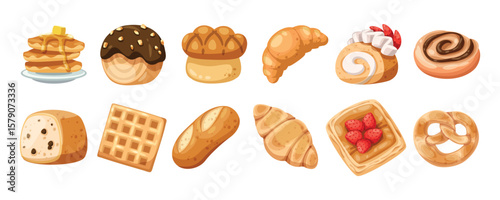Set of cute bakery cartoon illustration, Cute icons related to delicious bread, warm colors. A kawaii emoji cartoon. Idea for print, cartoon, card, decoration and sticker.
