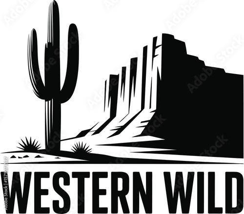 Desert landscape with saguaro cactus and rock formations silhouette isolated on transparent background