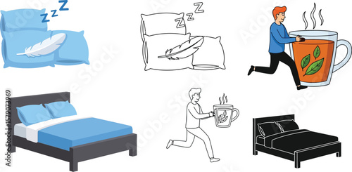 Sleep routine and relaxation concept for better sleep quality and healthy lifestyle with tea and comfort bed editable