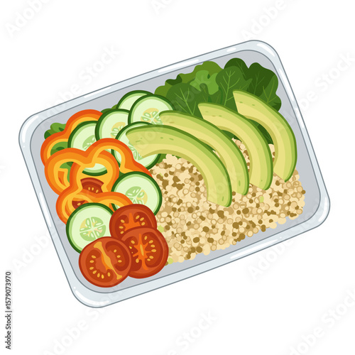 Healthy lunch container with quinoa, avocado slices, and mixed vegetables, modern flat vector design on white background, fitness and clean eating meal prep concept