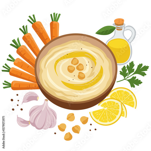 Bowl of hummus with carrot surrounded by ingredients, vector flat food illustration, clean layout, natural tones, simple Mediterranean aesthetic, white background