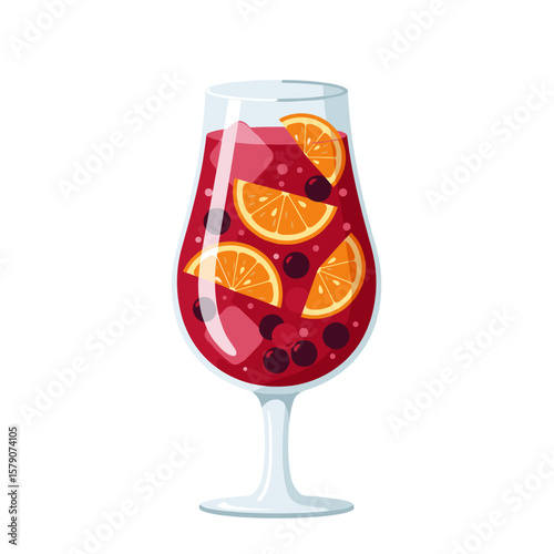 Tall glass of red sangria with orange, lemon, and berry slices, flat colorful vector illustration, isolated on white background 