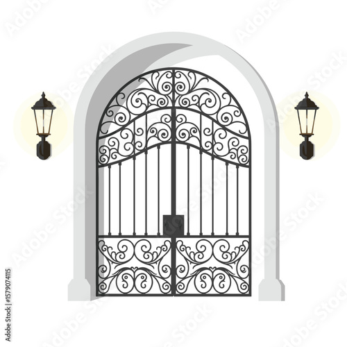 Elegant arched gate with ornate ironwork and lanterns, softly glowing warm light, flat architectural vector illustration on white background 