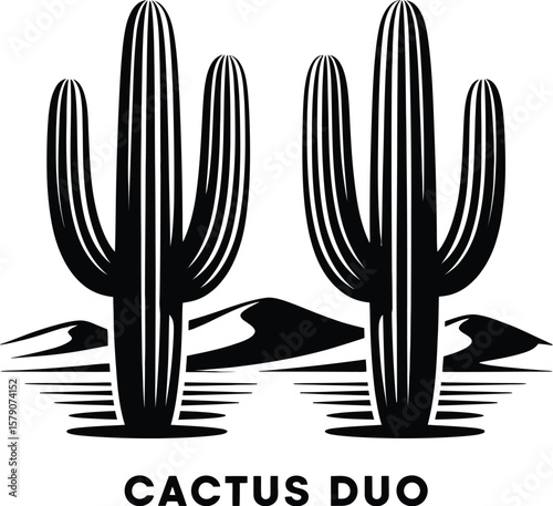 Two saguaro cacti in desert landscape silhouette isolated on transparent background