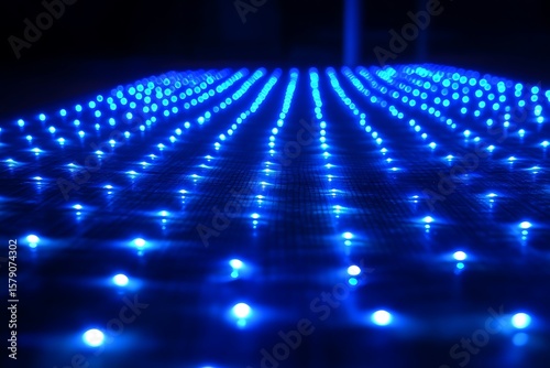 Abstract background of glowing blue led lights arranged in rows with a shallow depth of field effect