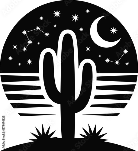 Desert night scene with cactus moon and stars silhouette isolated on transparent background