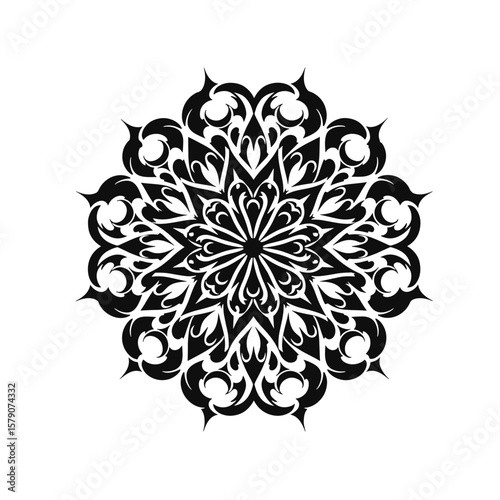 Tribal mandala illustration with bold sharp lines and flowing patterns, solid black vector on white background, symmetrical ornamental design