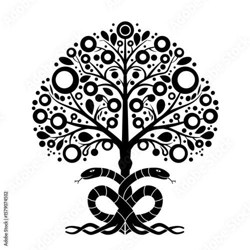 Abstract vector of symmetrical tree with circular fruits and spiraling snake, geometric black and white line art symbolizing knowledge and duality