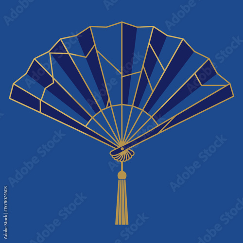 Folding fan with tassel, abstract geometric vector design in blue and gold, modern flat illustration for cultural or decorative use