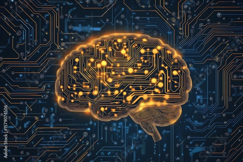 Glowing orange neural network brain circuitry superimposed on a dark blue electronic circuit board background