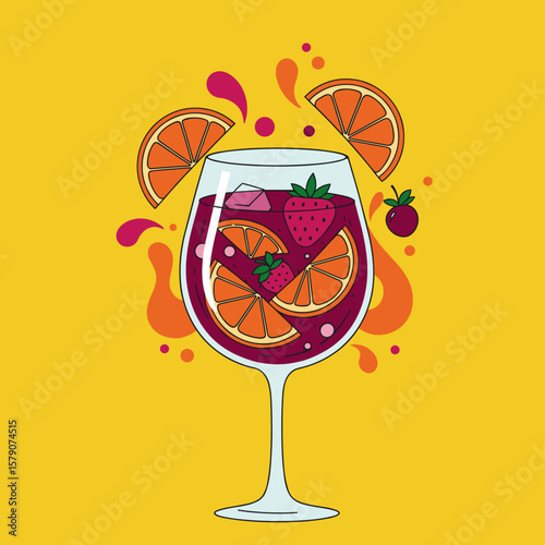 Stylized sangria glass in abstract vector design with swirling fruit slices, playful shapes and bold summer colors for cocktail menu use
