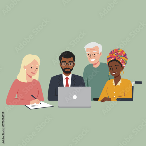 Four coworkers collaborating around a laptop, inclusive flat vector illustration with diverse ages, ethnicities, and abilities, simple geometric shapes and pastel palette, minimal background