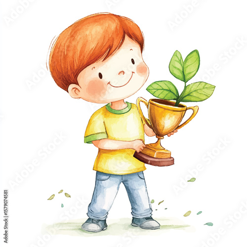 Joyful Child Holds a Trophy with a Plant