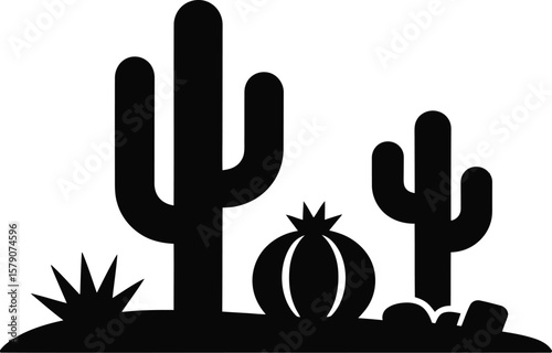 Desert landscape with saguaro cacti and desert plants silhouette isolated on transparent background