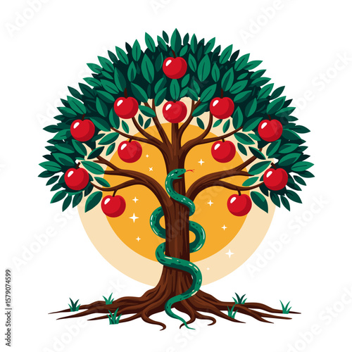 Tree of Knowledge with glowing red fruit and serpent wrapped around branch, modern sleek flat vector design with vibrant bold colors, symbolic and dynamic illustration 
