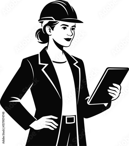 Woman engineer in hard hat holding tablet silhouette isolated on transparent background