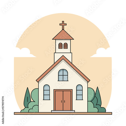 Small countryside chapel front facade with cross on top, flat vector art in minimal geometric shapes and pastel color palette, clean and modern design