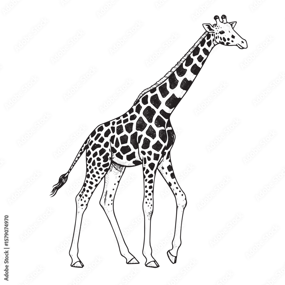 Fototapeta premium Engraved tall giraffe with extended neck and detailed texture in black and white style