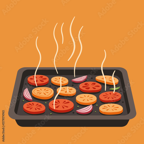 Sliced vegetables on oven tray with stylized steam in flat vector style, warm color palette, healthy meal prep