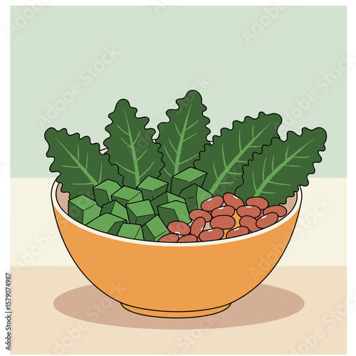Colorful bowl with kale leaves and beans arranged in sections, fresh and modern, flat vector illustration in minimalist style with pastel background