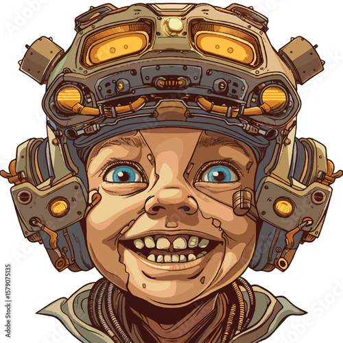 Joyful Child Wearing Steampunk Helmet with Glowing Lights and Blue Eyes