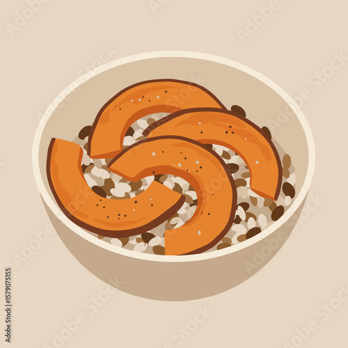 Simple bowl with sliced roasted squash and mixed grains, flat vector illustration, muted orange and brown palette, minimalist healthy food theme