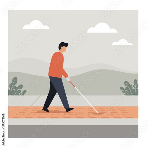 Simplified figure with white cane walking along tactile paving, flat vector illustration, pastel colors, clean and educational visual style
