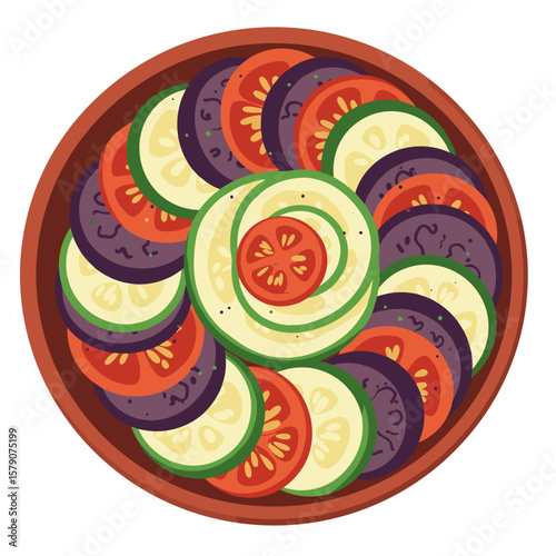 Ratatouille bowl with spiral vegetable slices in bold flat vector style, minimal clean design on white background