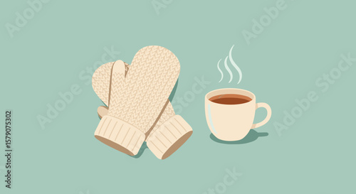 Wool gloves and steaming cup of hot tea, flat vector illustration with warm cozy mood, minimalist design on soft pastel background, winter concept