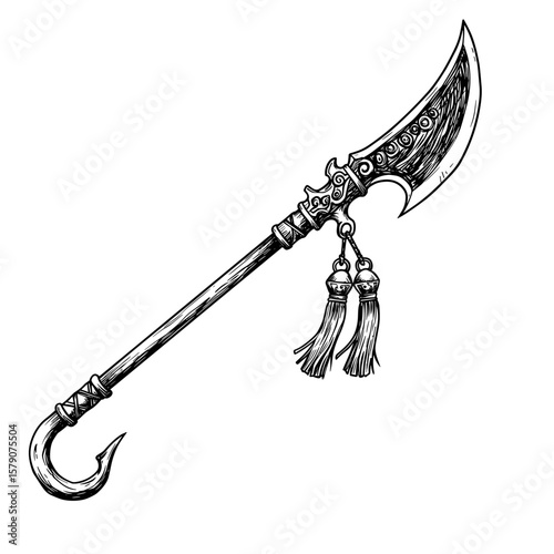 Guan Dao weapon in ancient Chinese engraving style, hand-drawn black line vector with minimal shading, traditional warrior motif