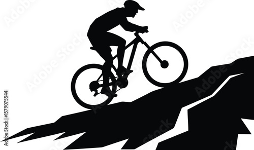 Mountain biker silhouette riding downhill on rocky terrain isolated on transparent background silhouette