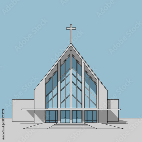 Church building in minimalist vector style with cross and geometric windows, light blue and gray color palette, architectural concept design