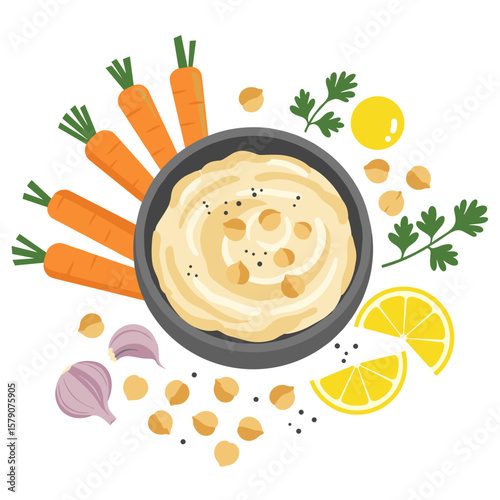Bowl of hummus with carrot sticks surrounded by ingredients, vector flat food illustration, clean layout, natural tones, simple Mediterranean aesthetic