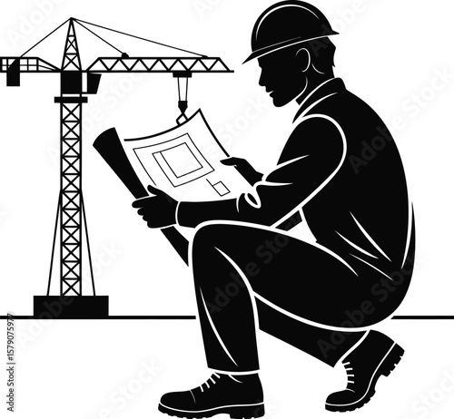 Construction worker reviewing blueprints with crane silhouette isolated on transparent background
