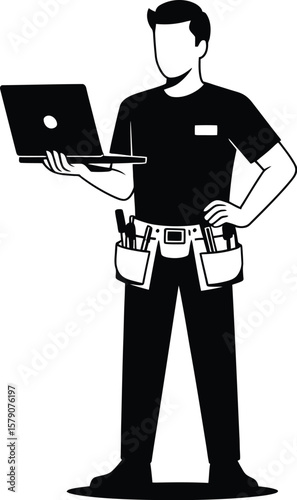 Silhouette of a technician holding a laptop with a tool belt silhouette isolated on transparent background