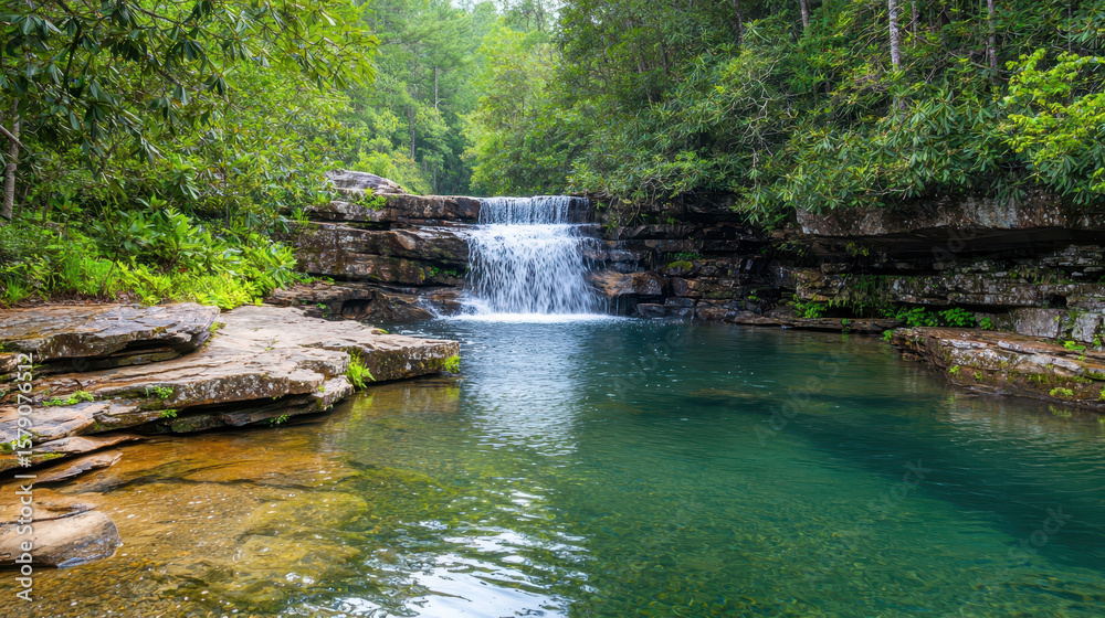 Naklejka premium Serene waterfall cascades into tranquil pool surrounded by lush greenery and rocky formations, creating picturesque natural scene