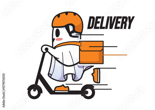 Ghost delivery rider on scooter rapidly transporting a package with a playful and fun design concept.