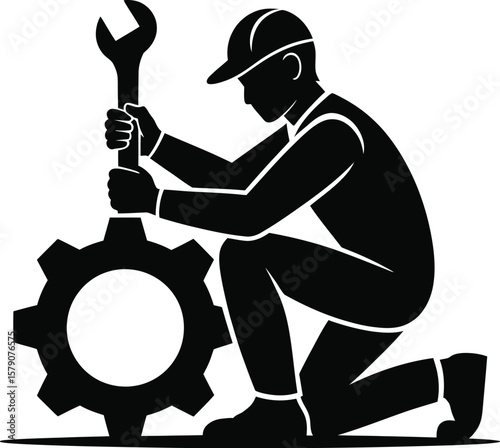 Mechanic worker silhouette fixing a gear with a wrench isolated on transparent background