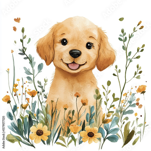 Joyful Golden Retriever Puppy Amidst Watercolor Wildflowers