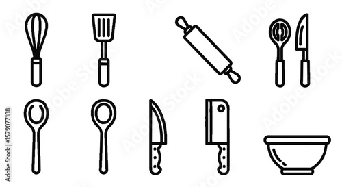 Collection of simple, outlined illustrations of various kitchen utensils and tools.