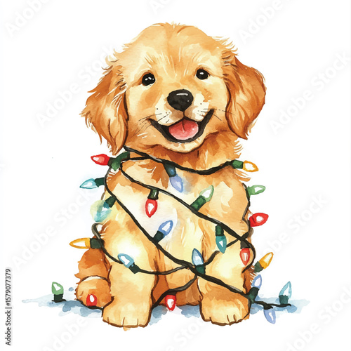 Joyful Golden Retriever Puppy Entangled in Festive Christmas Lights